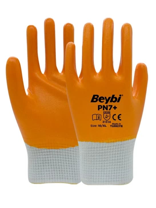 BEYBİ PN7+ PLUS NİTRİL POLYESTER ELDİVEN BEYAZ/SARI NO:10